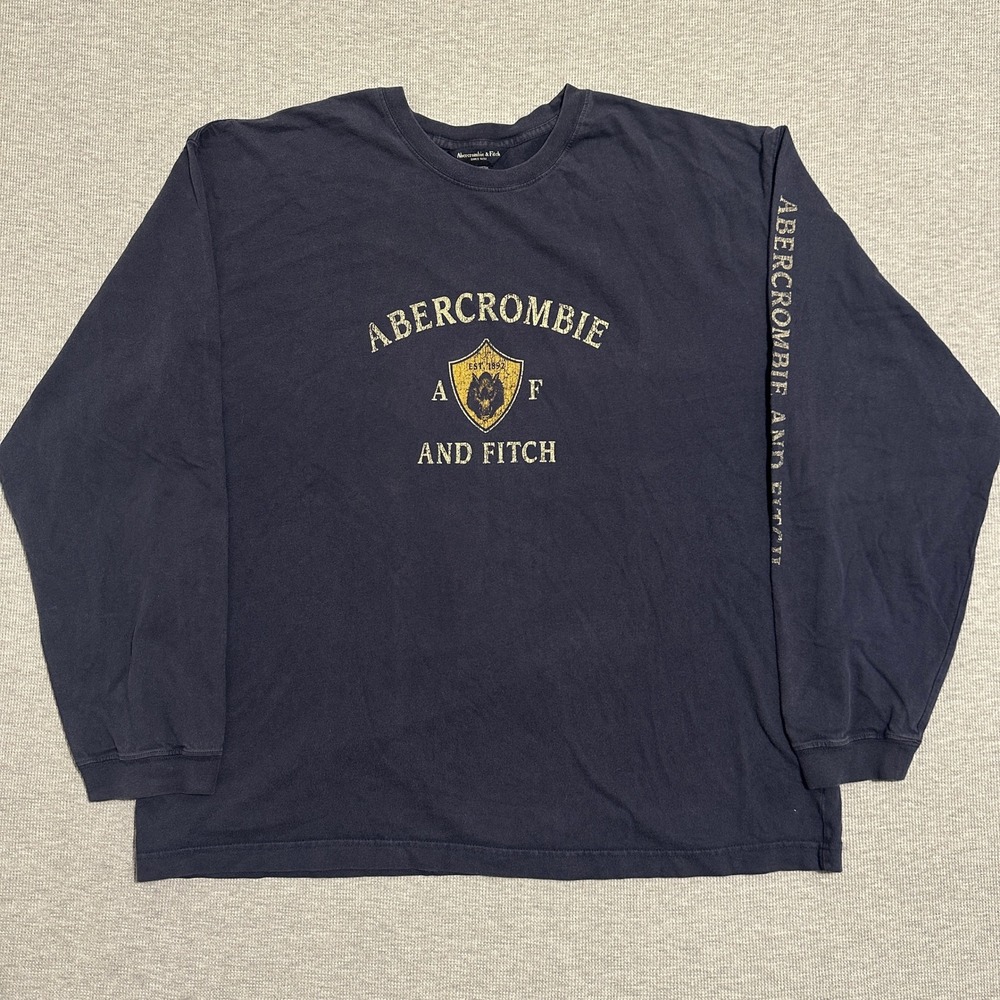 Y2K Abercrombie and Fitch Wolf Crest Navy Faded Long Sleeve Graphic Tee Mens 2XL